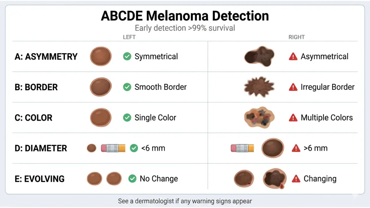 Melanoma Statistics ABCDE guide comparing normal moles versus melanoma warning signs for early detection