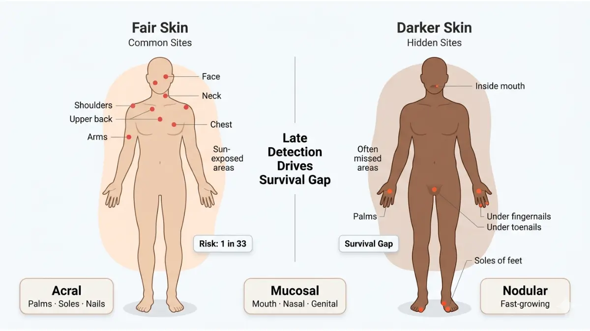 Melanoma Statistics body map showing common melanoma locations on fair skin versus hidden areas on darker skin tones
