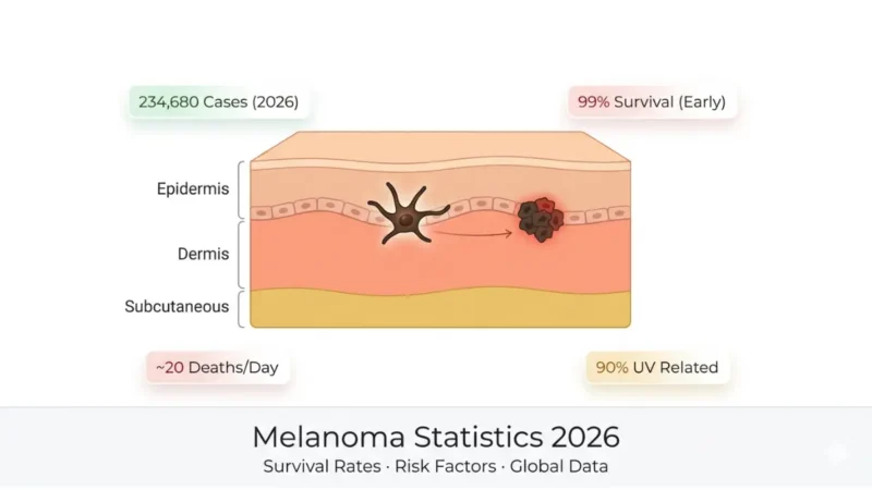 Melanoma Statistics 2026 skin anatomy diagram showing melanocyte origin point and key survival and risk data