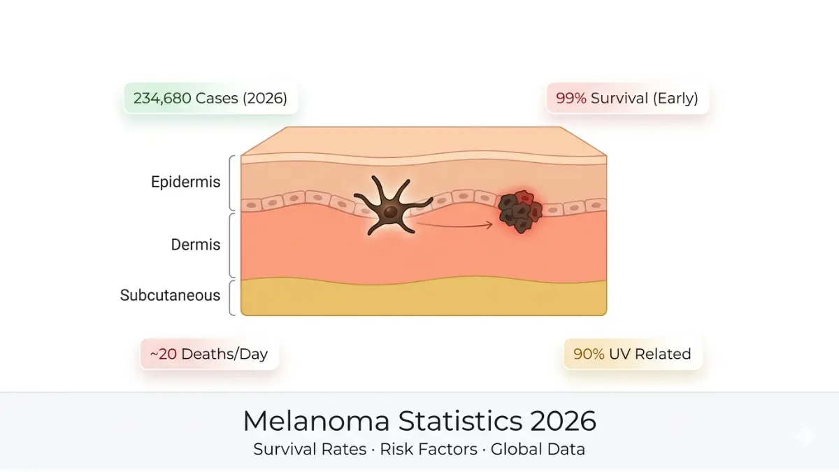 Melanoma Statistics 2026 skin anatomy diagram showing melanocyte origin point and key survival and risk data
