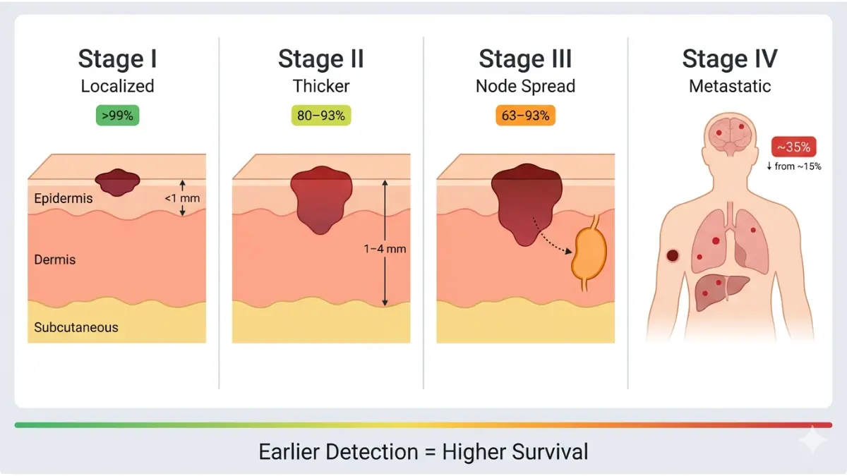 Melanoma Statistics staging diagram showing Stage I to Stage IV progression with 5-year survival rates and tumor spread