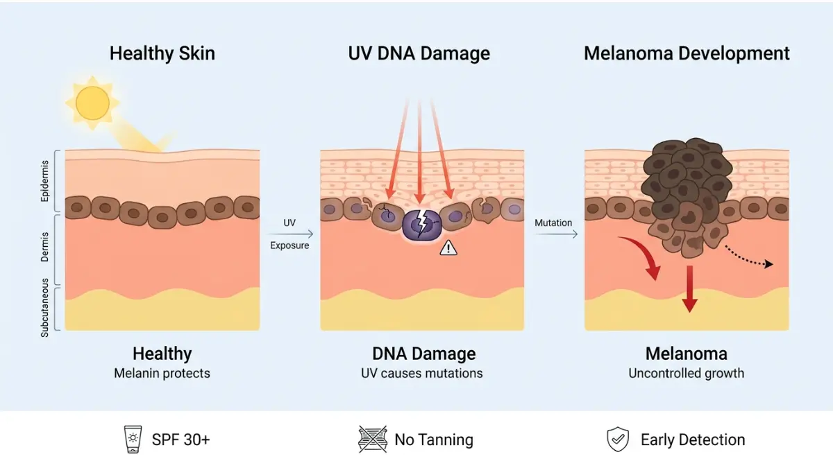 Melanoma Statistics diagram showing how UV radiation causes DNA damage in melanocytes leading to melanoma development