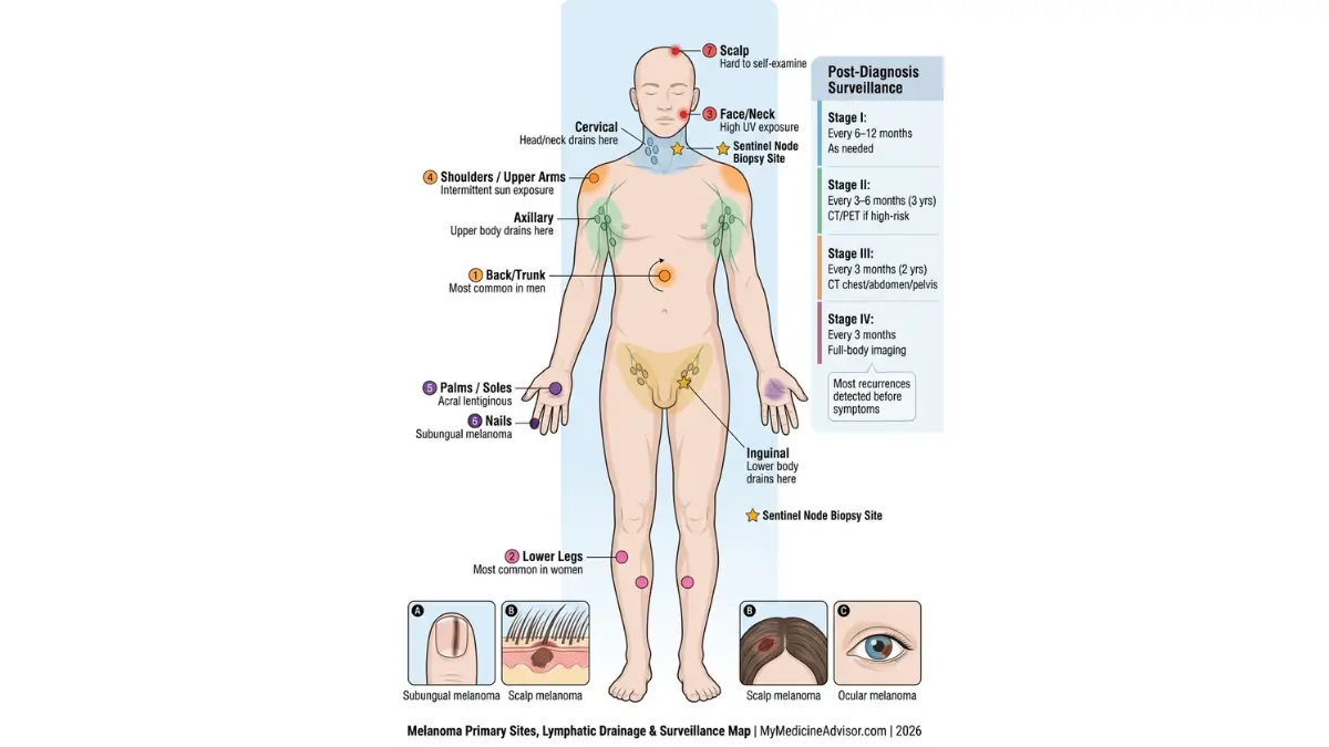 Melanoma Survival Rate body map showing common melanoma locations lymph node drainage regions sentinel node biopsy sites and surveillance schedule
