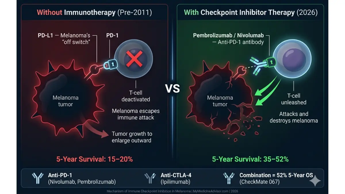 Melanoma Survival Rate improvement diagram showing PD-1 PD-L1 immune checkpoint blockade by pembrolizumab and nivolumab in melanoma treatment