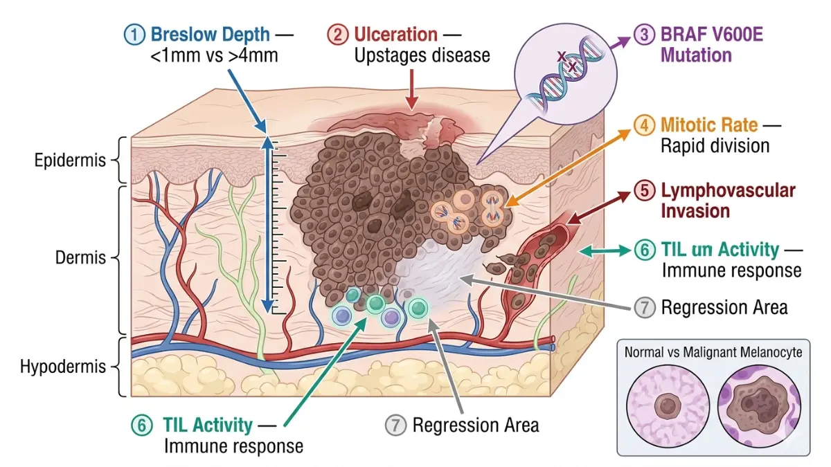 Melanoma Survival Rate prognostic factors diagram showing Breslow depth ulceration BRAF mutation mitotic rate lymphovascular invasion and immune response