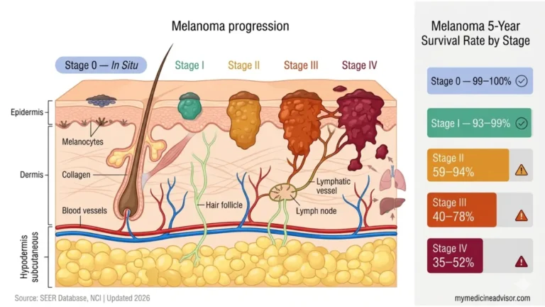 Melanoma Survival Rate by stage diagram showing skin cross-section anatomy with tumor progression from Stage 0 to Stage IV and 5-year survival statistics