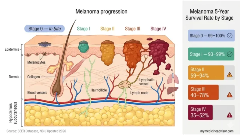 Melanoma Survival Rate by stage diagram showing skin cross-section anatomy with tumor progression from Stage 0 to Stage IV and 5-year survival statistics