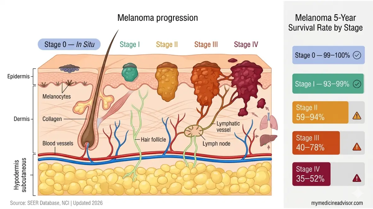 Melanoma Survival Rate by stage diagram showing skin cross-section anatomy with tumor progression from Stage 0 to Stage IV and 5-year survival statistics