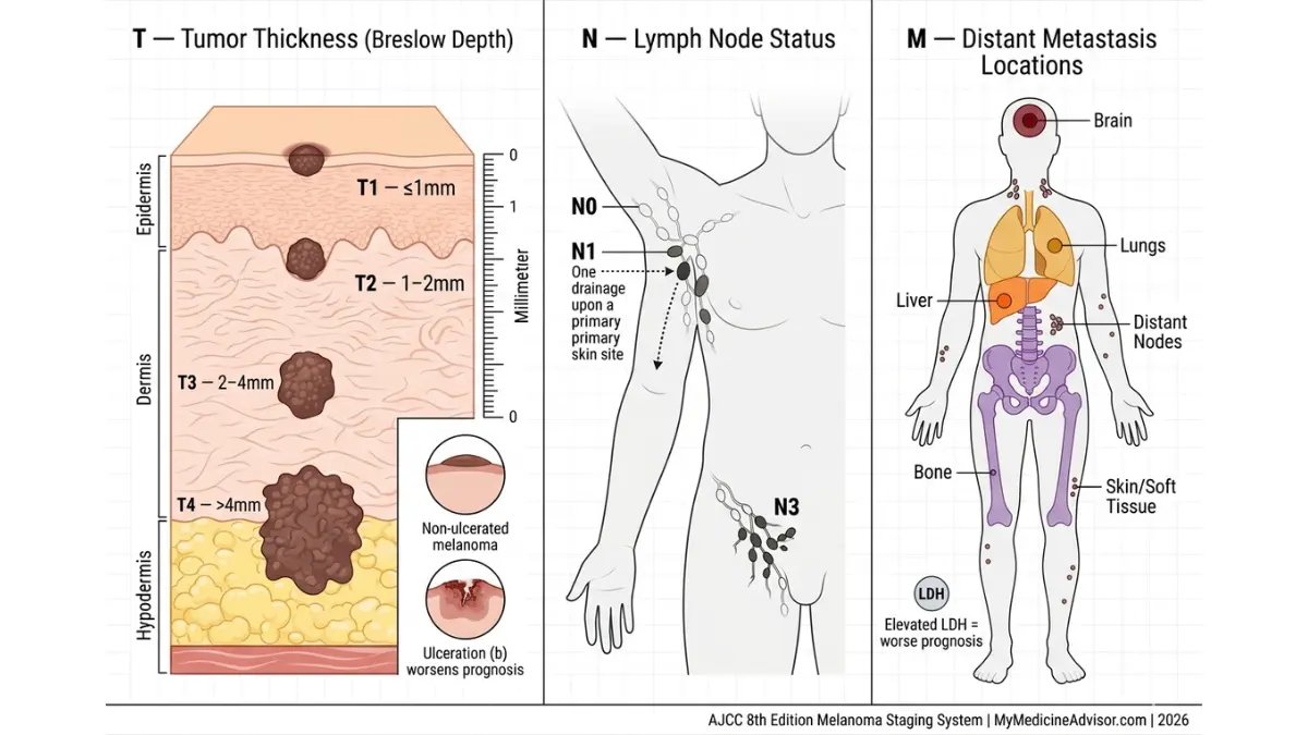 Melanoma Survival Rate TNM staging system diagram showing tumor thickness Breslow depth lymph node involvement and distant metastasis progression