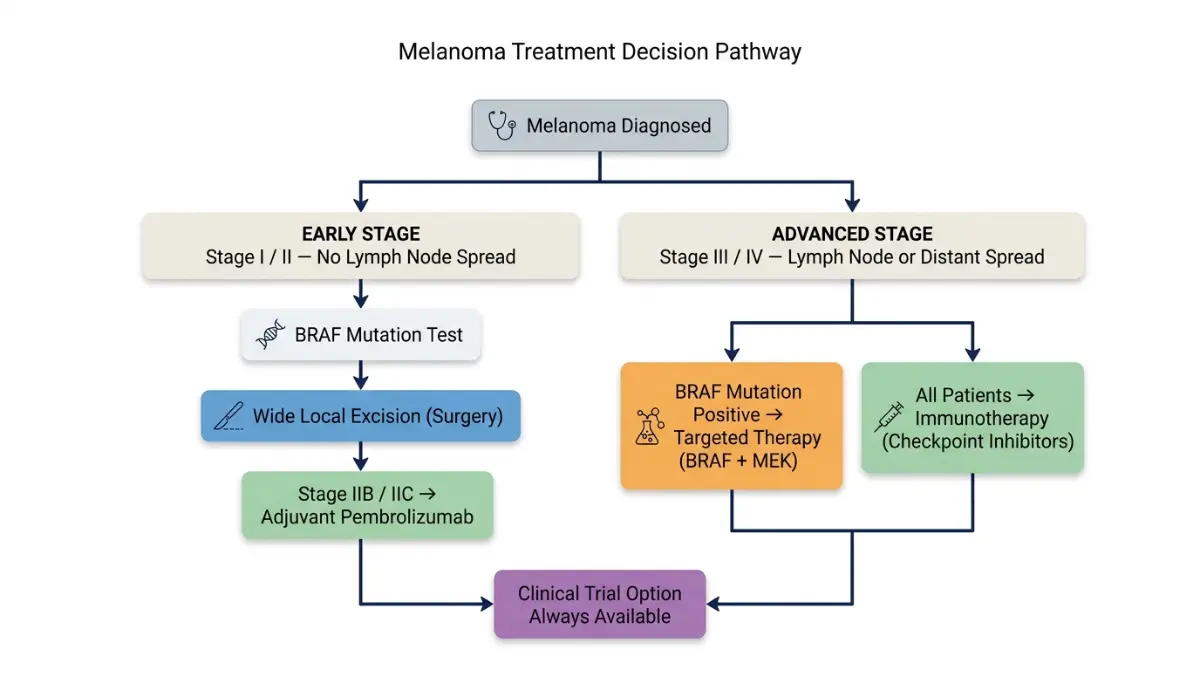 Melanoma Treatment Options decision flowchart showing surgery, immunotherapy, and targeted therapy pathways based on cancer stage
