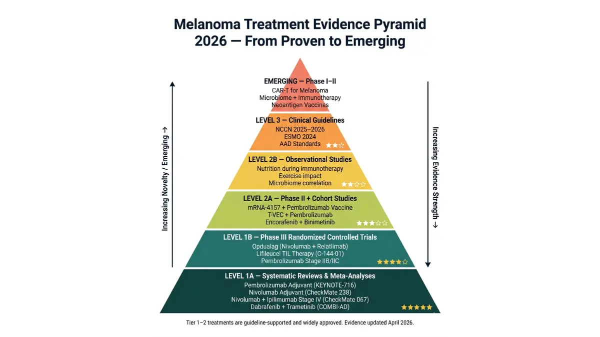 Melanoma treatment evidence pyramid showing clinical trial levels and therapy effectiveness