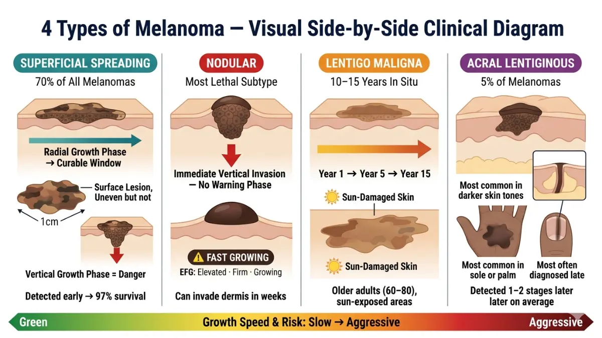 Melanoma types diagram comparing superficial spreading nodular lentigo maligna and acral melanoma