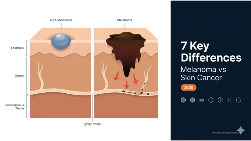 Melanoma vs non melanoma Skin Cancer anatomy showing deep invasion into dermis and lymph vessels compared to superficial localized skin tumor