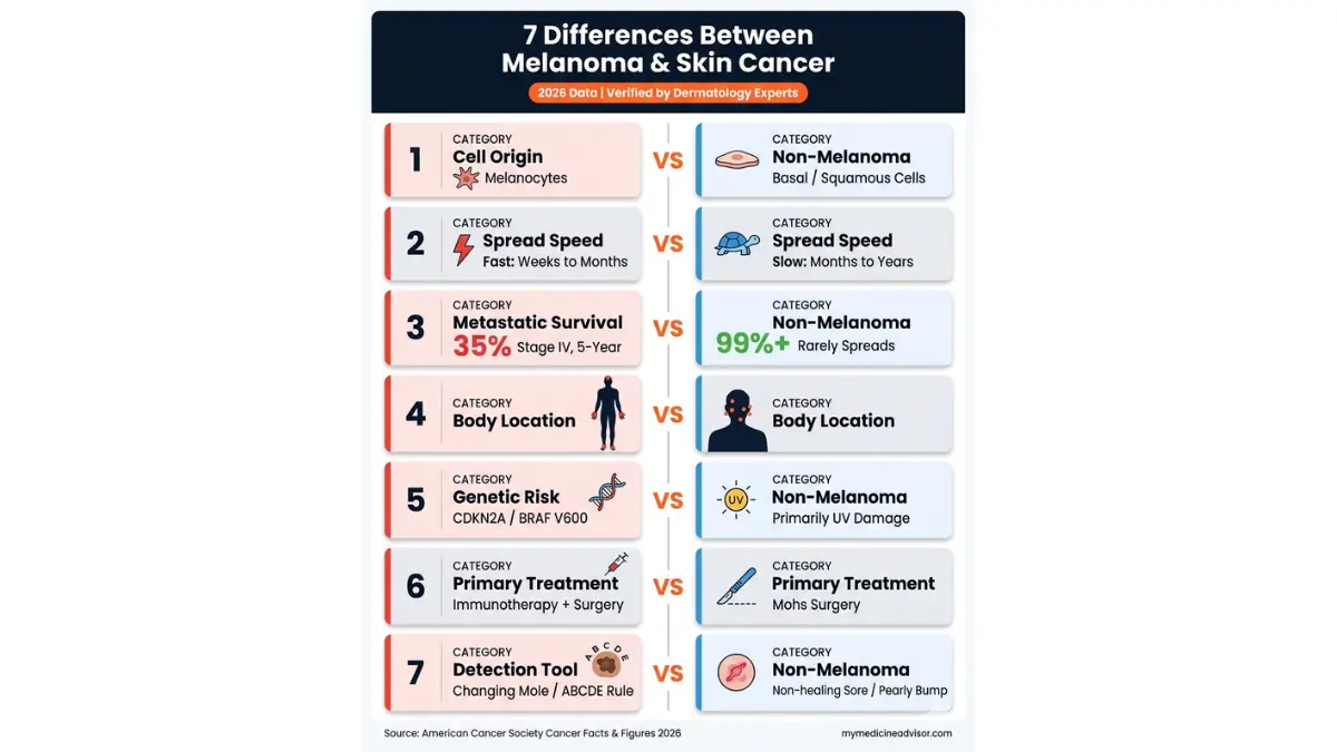 Melanoma vs Skin Cancer comparison infographic showing 7 key differences including spread speed survival and treatment