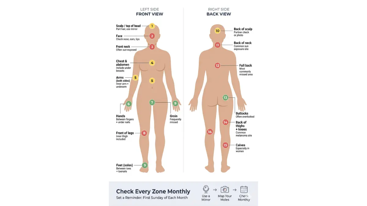 Melanoma Warning full body skin check map showing 15 areas to examine for suspicious moles during self exam