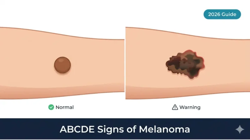 Melanoma Warning comparison showing normal mole vs irregular melanoma mole with asymmetry border and color differences