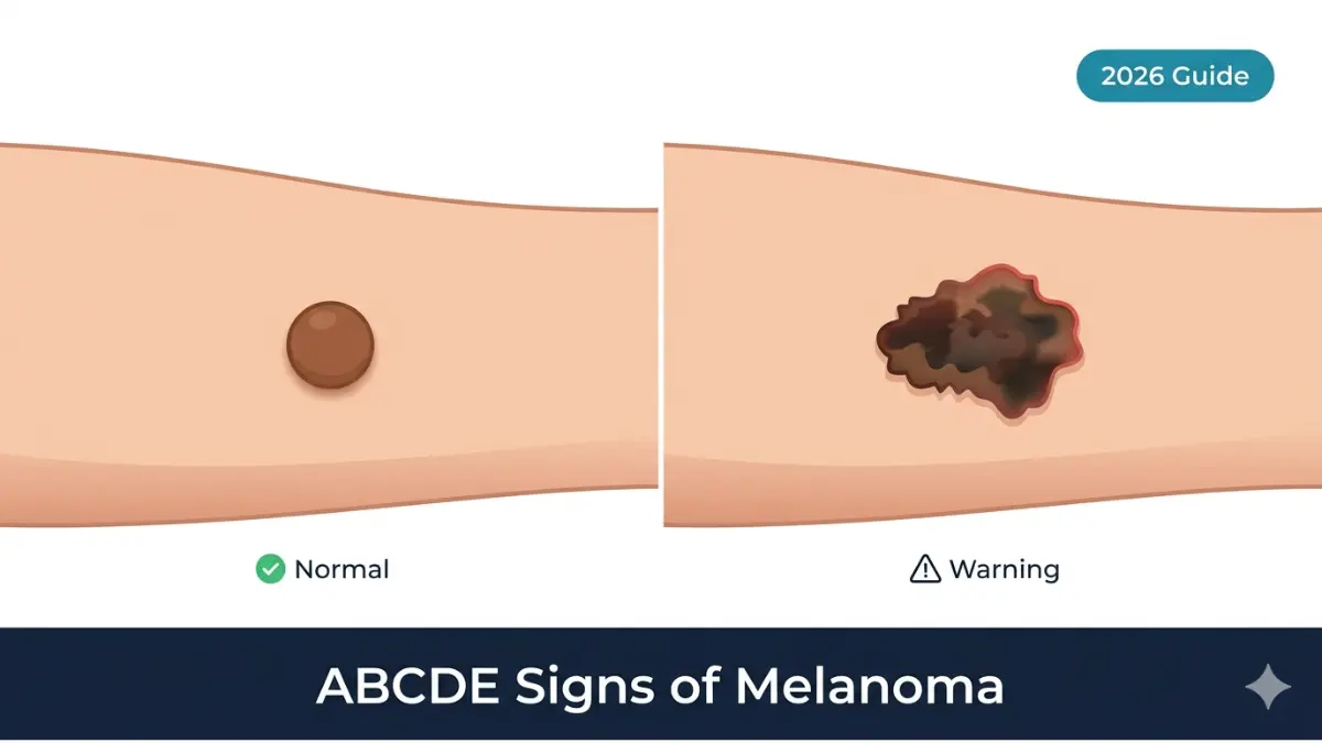 Melanoma Warning comparison showing normal mole vs irregular melanoma mole with asymmetry border and color differences