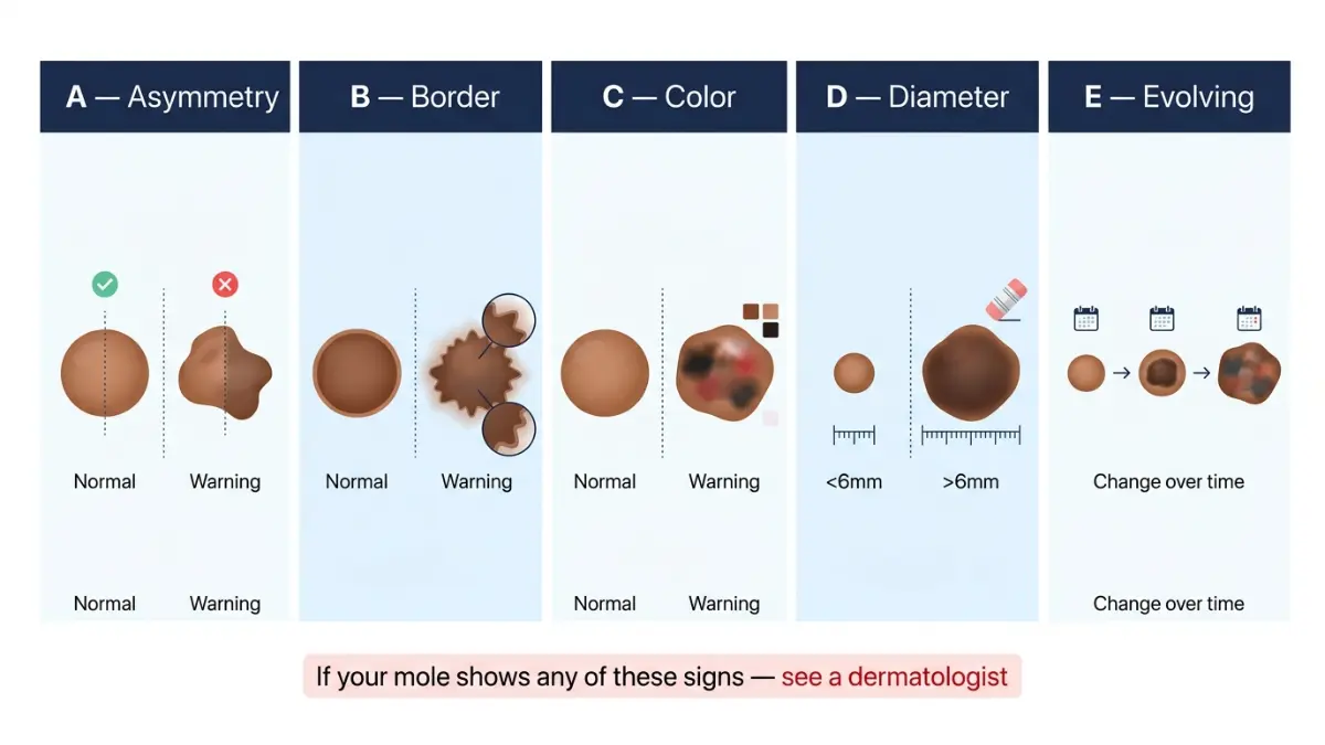 Melanoma Warning Signs ABCDE rule infographic showing asymmetry border color diameter and evolving mole changes comparison