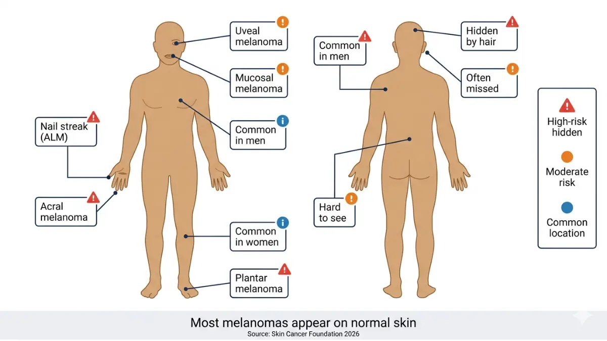Melanoma Warning Signs full body diagram showing hidden melanoma locations including scalp nails palms eyes and feet