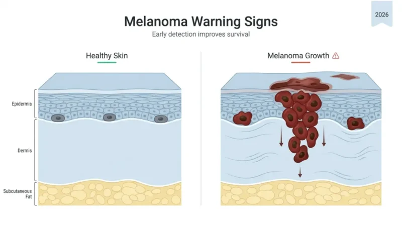 Melanoma Warning Signs medical diagram showing healthy skin vs melanoma cell invasion in cross-section layers 2026