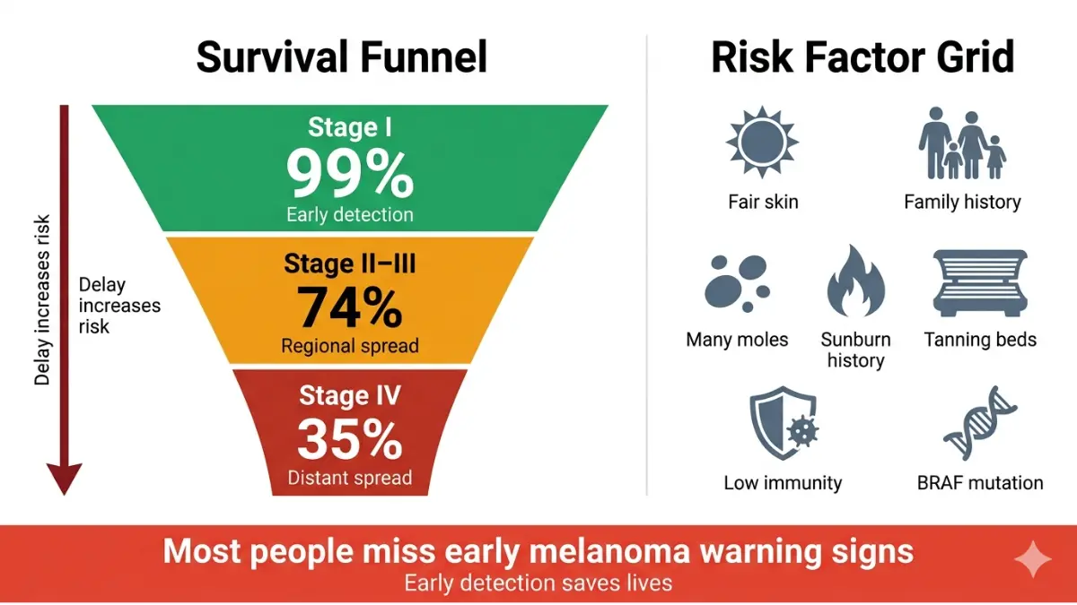 Melanoma Warning Signs survival funnel infographic showing early detection 99 percent survival dropping to 35 percent with key risk factors