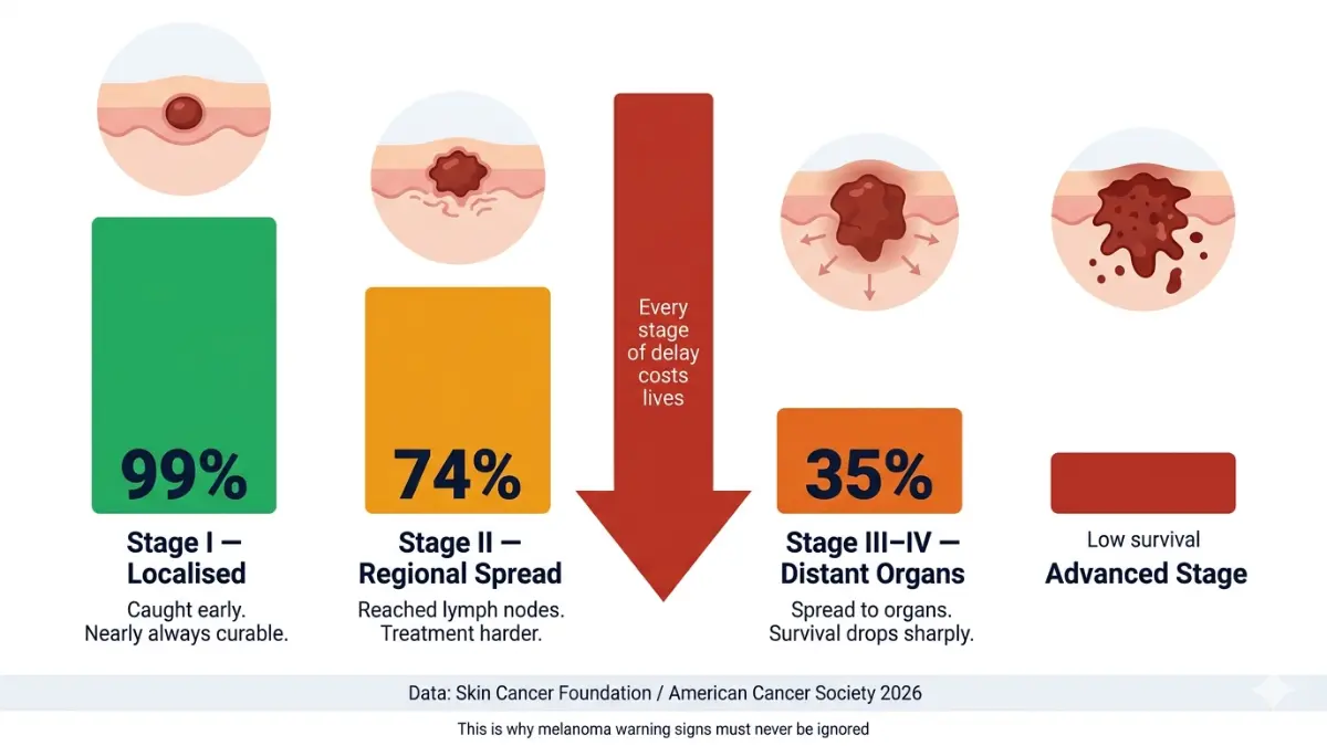 Melanoma Warning Signs survival rate by stage infographic showing decline from 99 percent early stage to 35 percent advanced melanoma