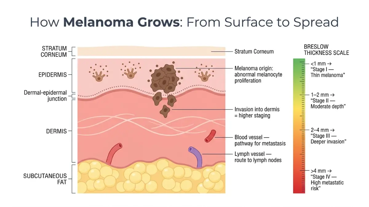 Melanoma Warning skin cross section showing cancer growth from epidermis to dermis with Breslow thickness scale