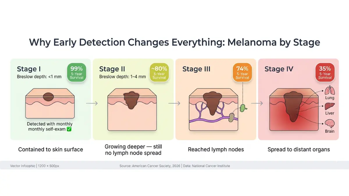 Melanoma Warning stages diagram showing stage 1 to stage 4 progression with survival rates and spread of cancer