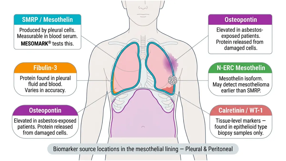 Mesothelioma Blood Tests diagram showing SMRP fibulin-3 osteopontin N-ERC mesothelin and calretinin biomarkers in pleural and peritoneal lining