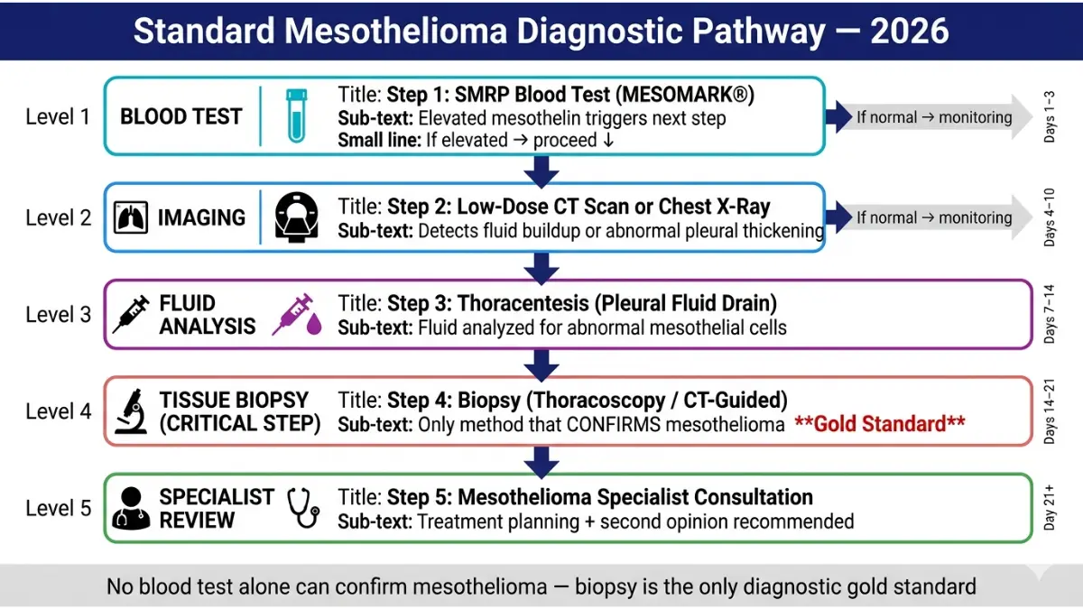 Mesothelioma Blood Tests diagnostic pathway from SMRP blood test to CT scan thoracentesis biopsy and specialist consultation