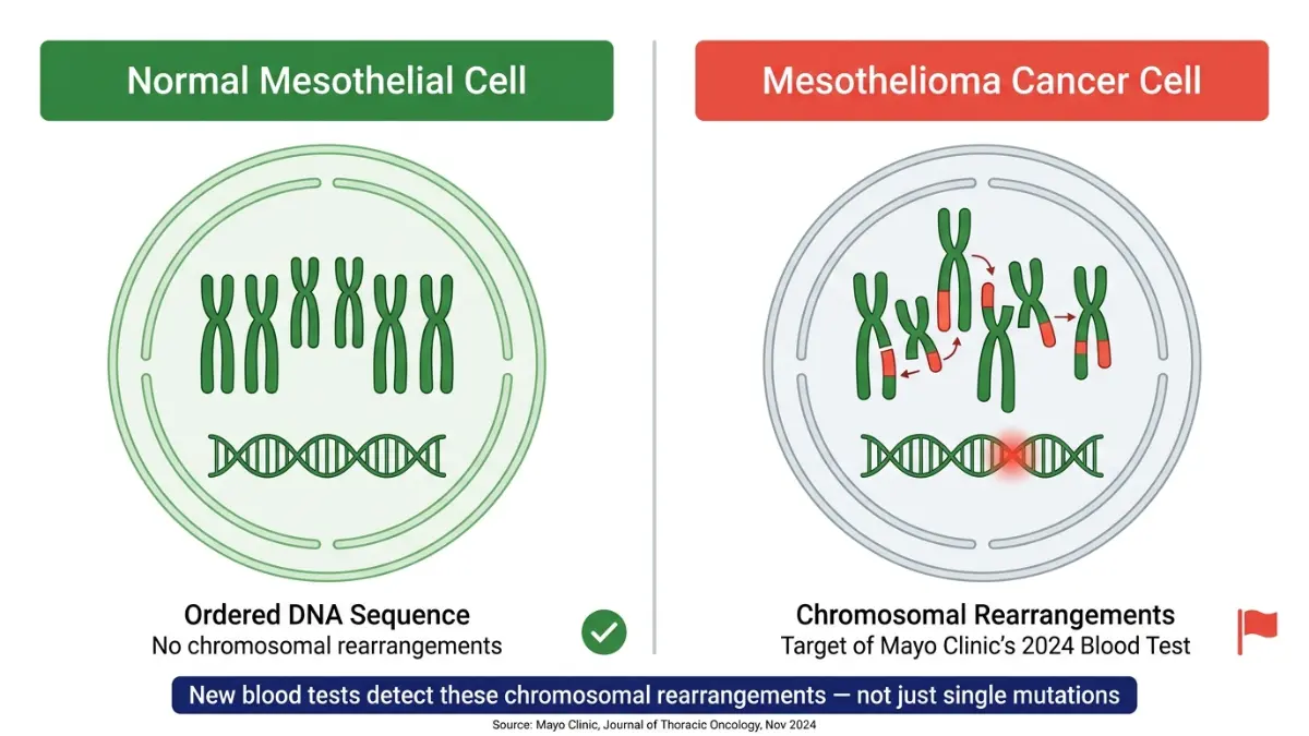 Mesothelioma Blood Tests comparison showing normal mesothelial cell DNA vs cancer cell chromosomal rearrangements detected in advanced blood testing