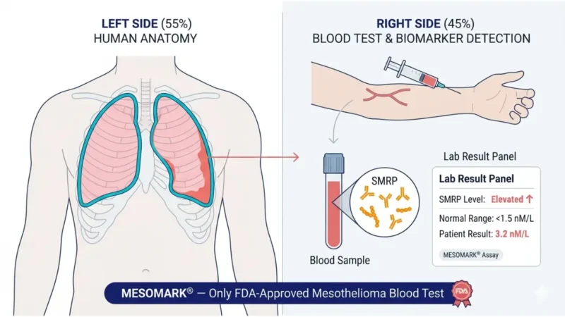 Mesothelioma Blood Tests diagram showing SMRP biomarker detection from pleural lining using MESOMARK blood assay