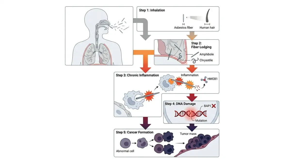 Mesothelioma causes flowchart showing inhalation of asbestos fibers leading to inflammation DNA damage and cancer formation