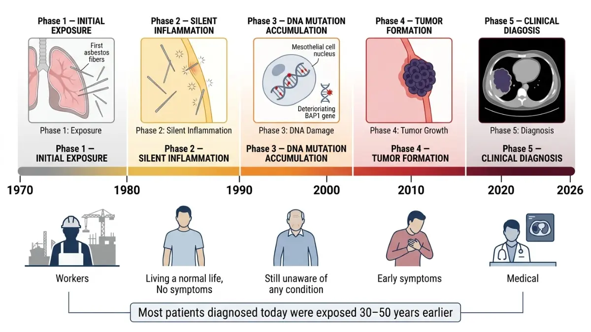 Mesothelioma causes timeline showing 30 to 50 year latency from asbestos exposure to cancer diagnosis