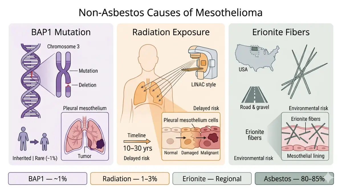 Mesothelioma causes comparison showing BAP1 gene mutation radiation exposure and erionite fibers as alternative causes
