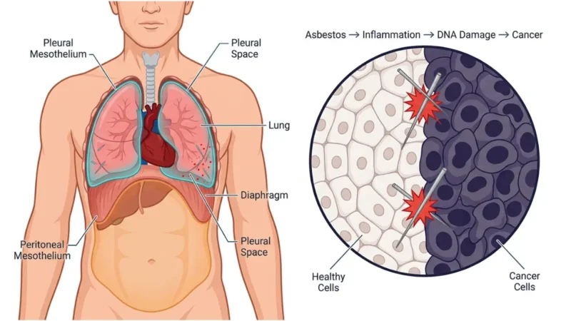 Mesothelioma causes diagram showing pleural and peritoneal mesothelium with asbestos fibers and cancer cell formation