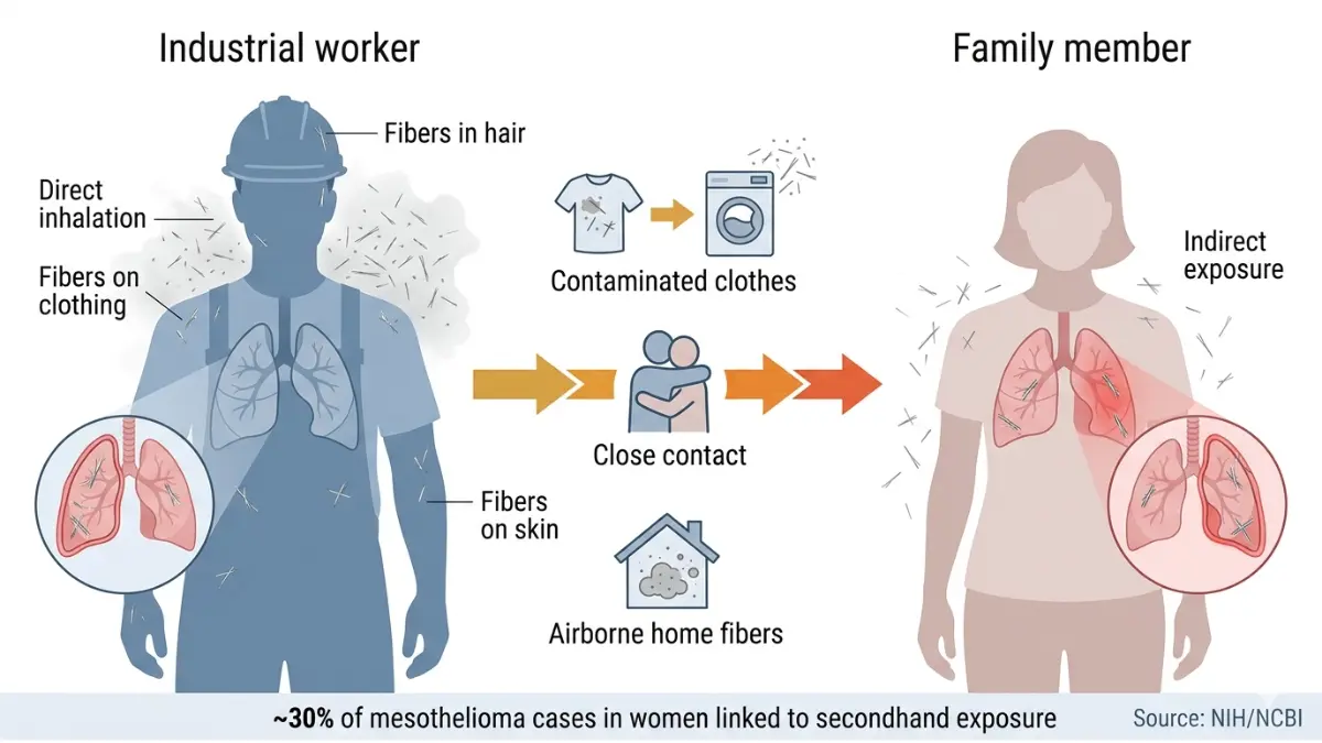 Mesothelioma causes diagram showing secondhand asbestos exposure from worker to family through clothing and home contamination