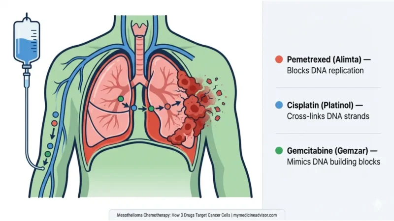 Mesothelioma Chemotherapy drug flow diagram showing pemetrexed cisplatin and gemcitabine targeting pleural tumors through bloodstream