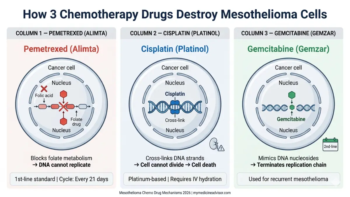 Mesothelioma Chemotherapy cellular mechanism diagram showing pemetrexed blocking folate pathway cisplatin cross linking DNA and gemcitabine terminating replication