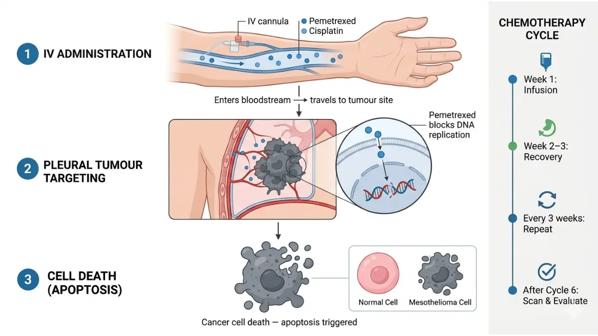 Mesothelioma Treatment chemotherapy mechanism diagram showing pemetrexed cisplatin targeting cancer cells and causing apoptosis