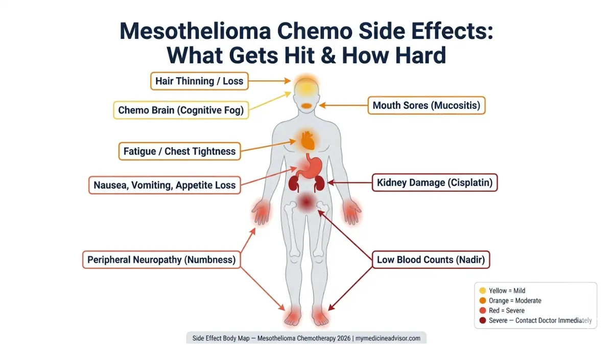 Mesothelioma Chemotherapy side effects body map showing severity levels across brain mouth stomach kidneys nerves and blood cells