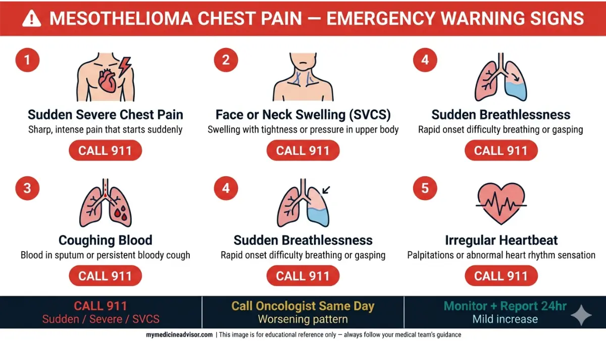 Mesothelioma Chest Pain emergency warning signs including sudden pain breathlessness coughing blood SVCS and irregular heartbeat