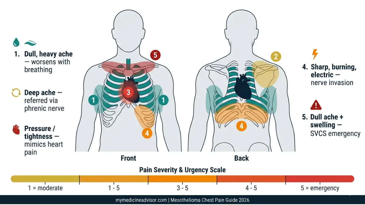 Mesothelioma Chest Pain front and back torso map showing five pain zones with severity and symptom types