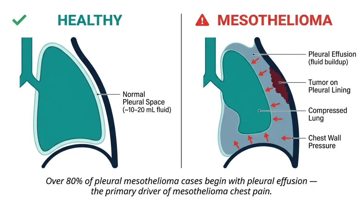 Mesothelioma Chest Pain pleural effusion vs healthy pleural space diagram showing fluid buildup tumor and lung compression