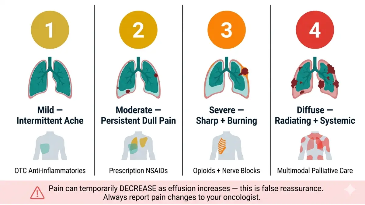 Mesothelioma Chest Pain stages progression timeline showing mild moderate severe and diffuse pain with anatomical changes