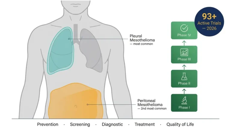 Mesothelioma Clinical Trials anatomy diagram showing pleural and peritoneal regions with clinical trial phases pathway overview