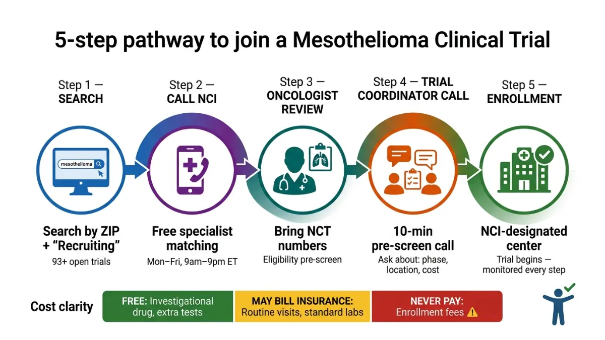 Mesothelioma Clinical Trials step by step enrollment pathway diagram showing how to join clinical trials process