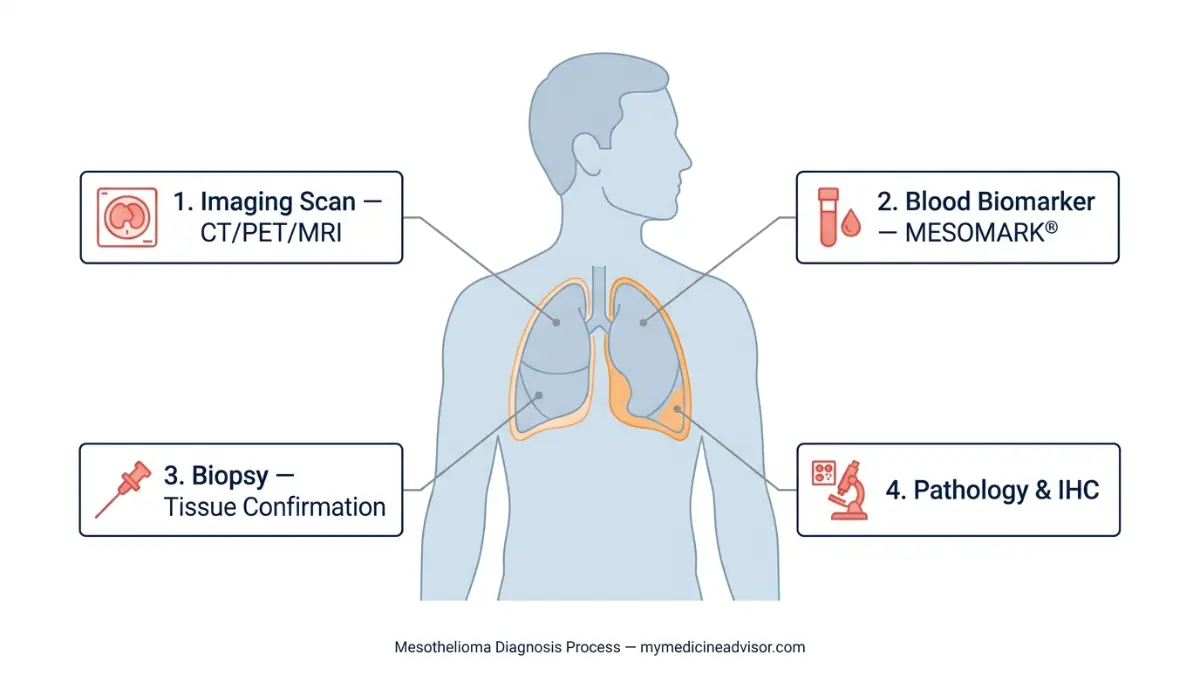 Mesothelioma Diagnosis pathway showing 4 critical tests including CT scan blood biomarker biopsy and pathology