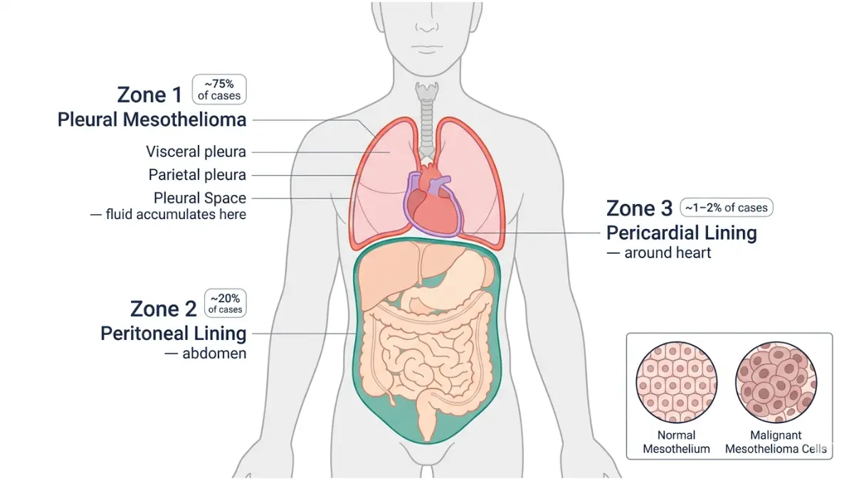 Mesothelioma Diagnosis showing pleural peritoneal and pericardial locations in human anatomy