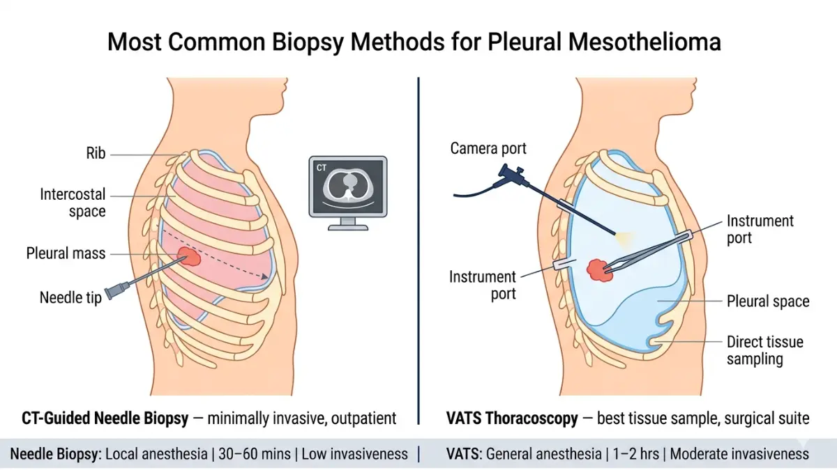 Mesothelioma Diagnosis biopsy methods showing needle biopsy and VATS thoracoscopy procedure